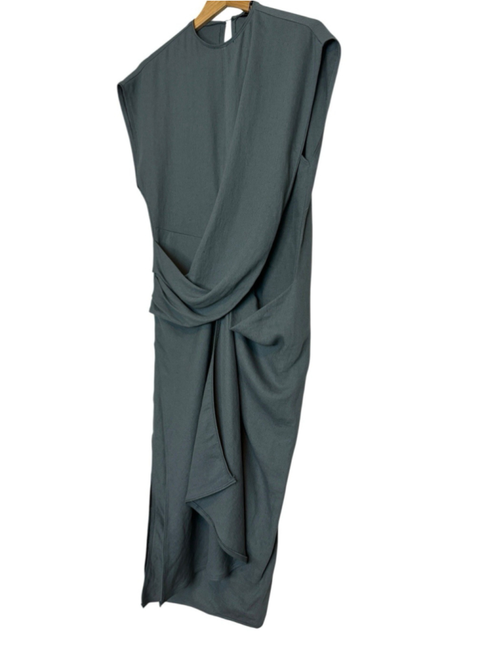 Zara Linen Blend Draped Midi Dress Blue Asymmetrical Minimalist XS NWT - Picture 8 of 11